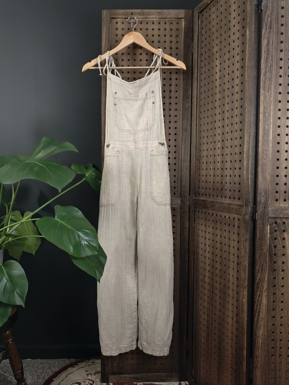 Free People Light Beige Women's Linen-Blend Overalls